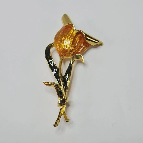 Jewelry - Vintage Gold & Orange Enamel Tulip Flower Brooch Pin 3 inches